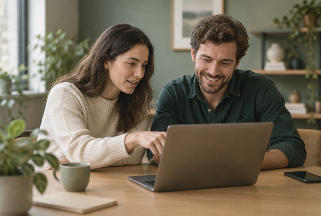 Two colleagues at an oak table testing new software together on a laptop.
