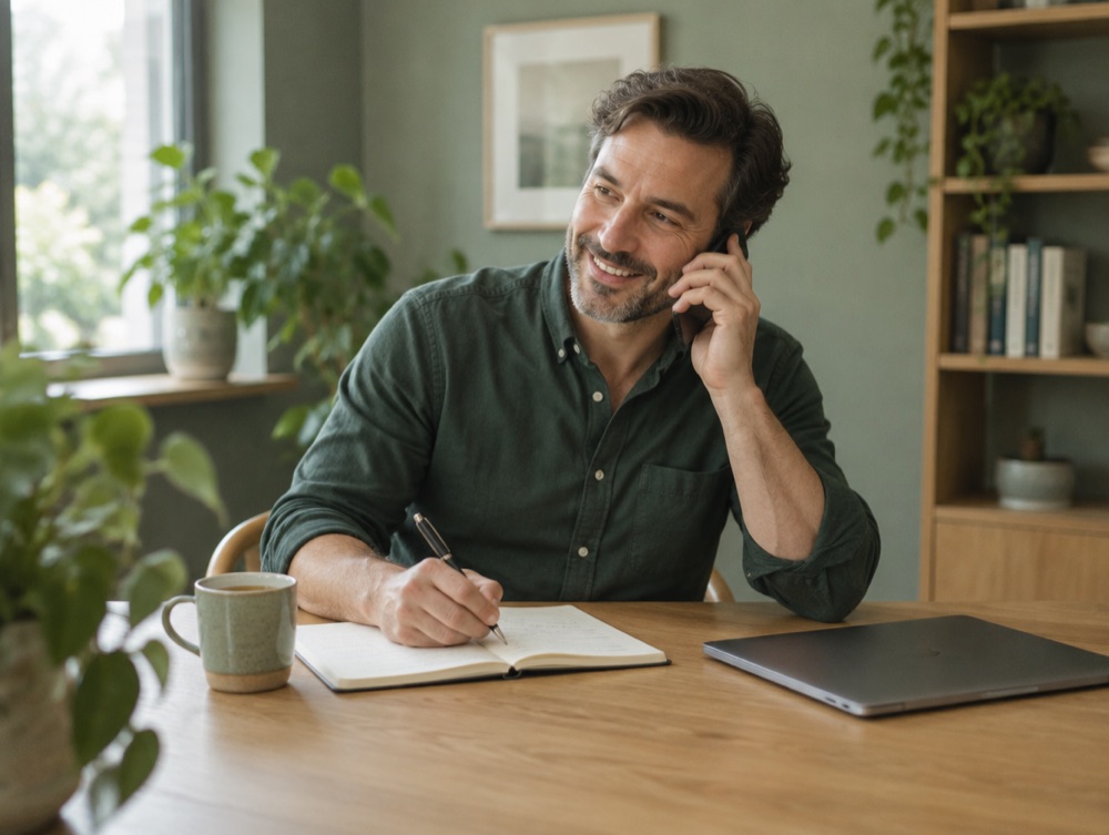A consultant smiling on a phone call, making notes in a notebook.