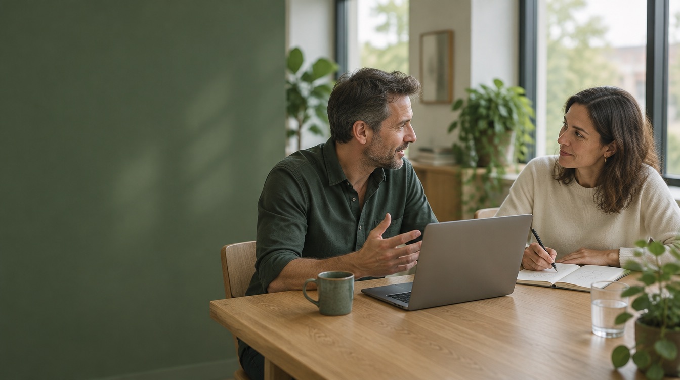 Two colleagues talking at a wooden table with a laptop and notebook, in a bright office with plants.